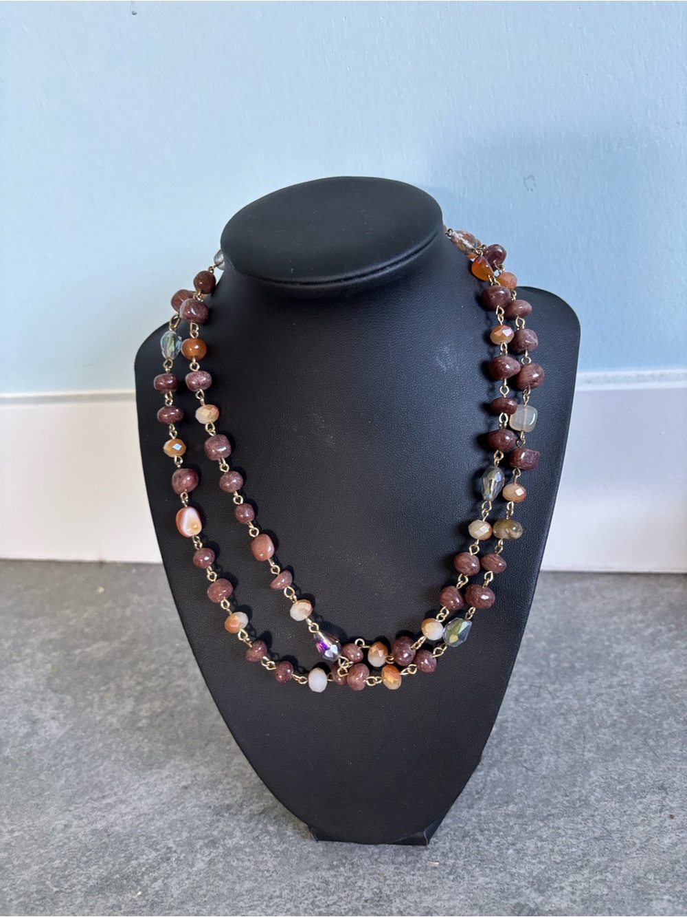 Flapper-Style Brown Genuine Gemstone Agate Bead Necklace Multicolor Accents 40”